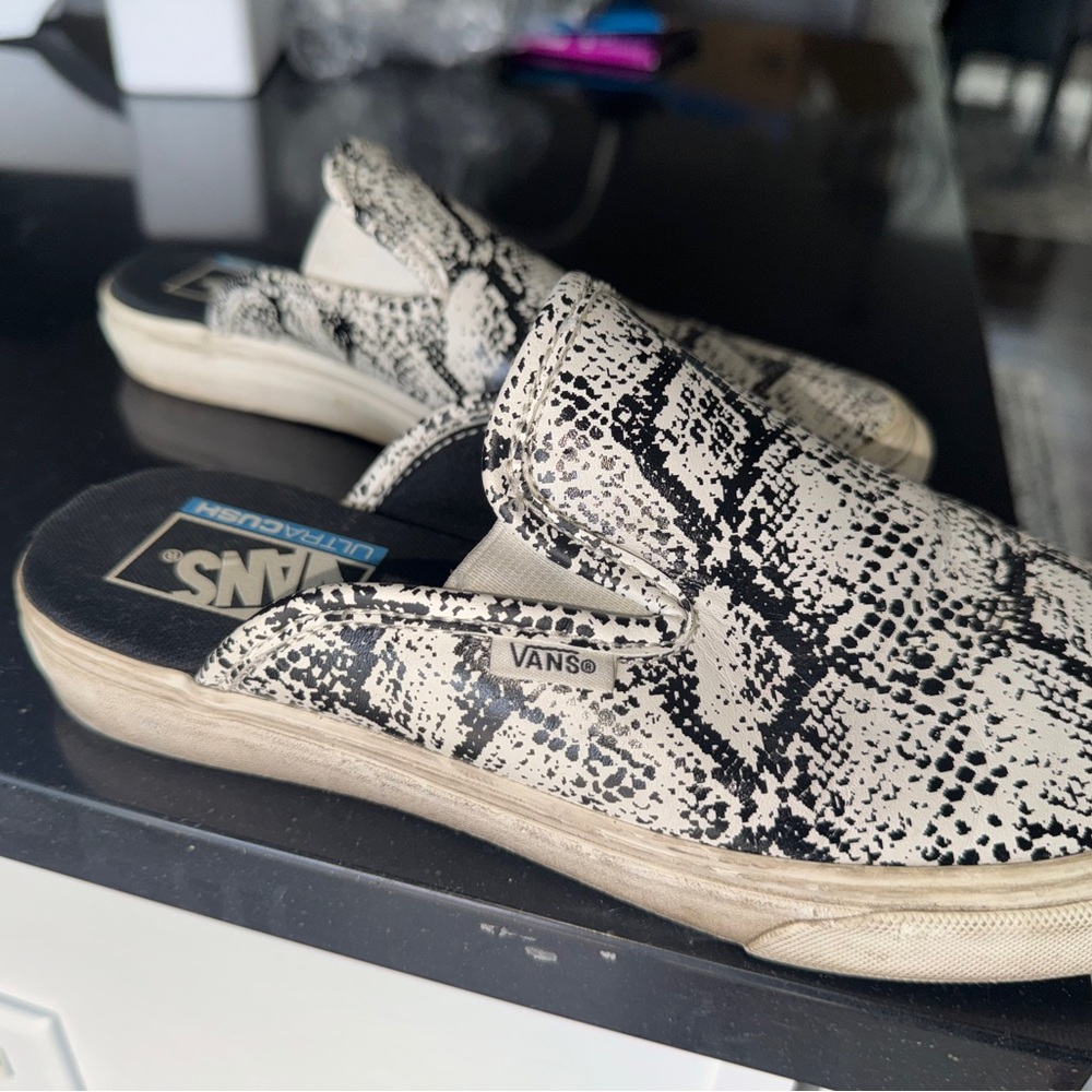 Vans Black and Cream Patterned Slip-Ons
